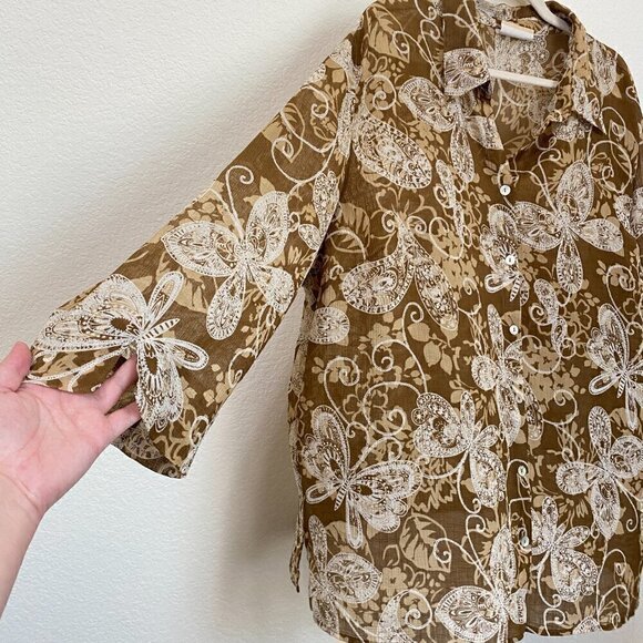 Alfred Dunner Women's Sheer Brown Cream Butterfly Floral Button Front Blouse - Picture 3 of 10
